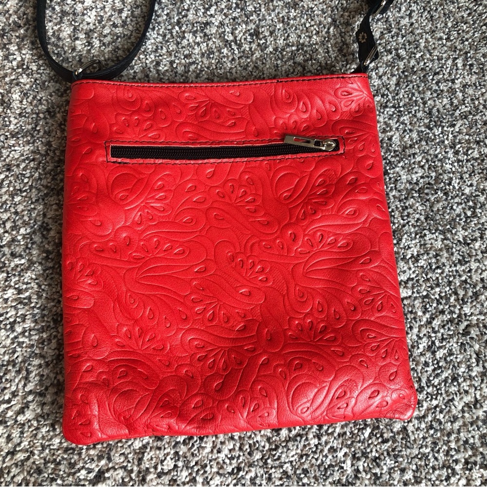 Red Embossed Crossbody Bag with Black Trim - Picture 3 of 7